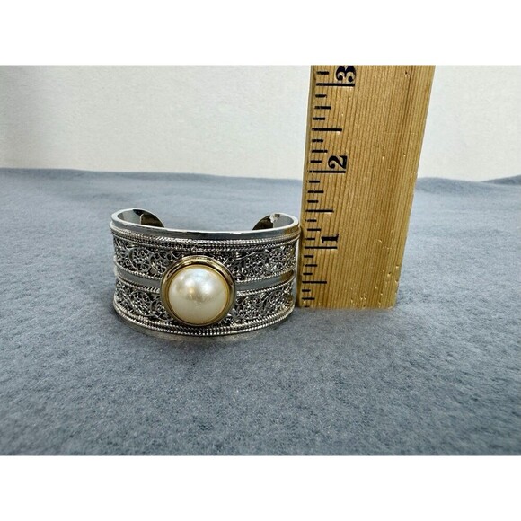 Vintage Art Deco Statement Cuff Bangle Bracelet Filigree Faux Pearl Silver Tone - Picture 7 of 8